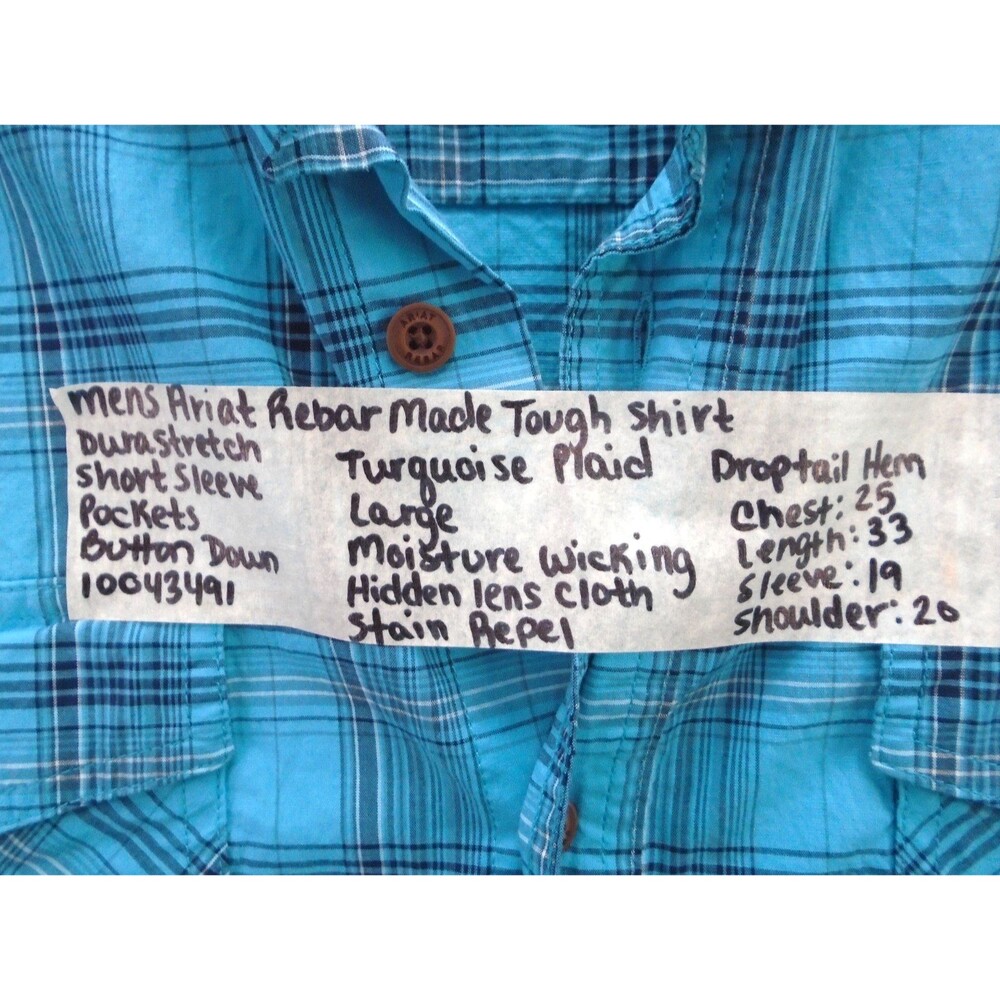 Ariat Rebar Work Shirt Mens Large Turquoise Plaid DuraStretch Short Sleeve Blue - Picture 4 of 11